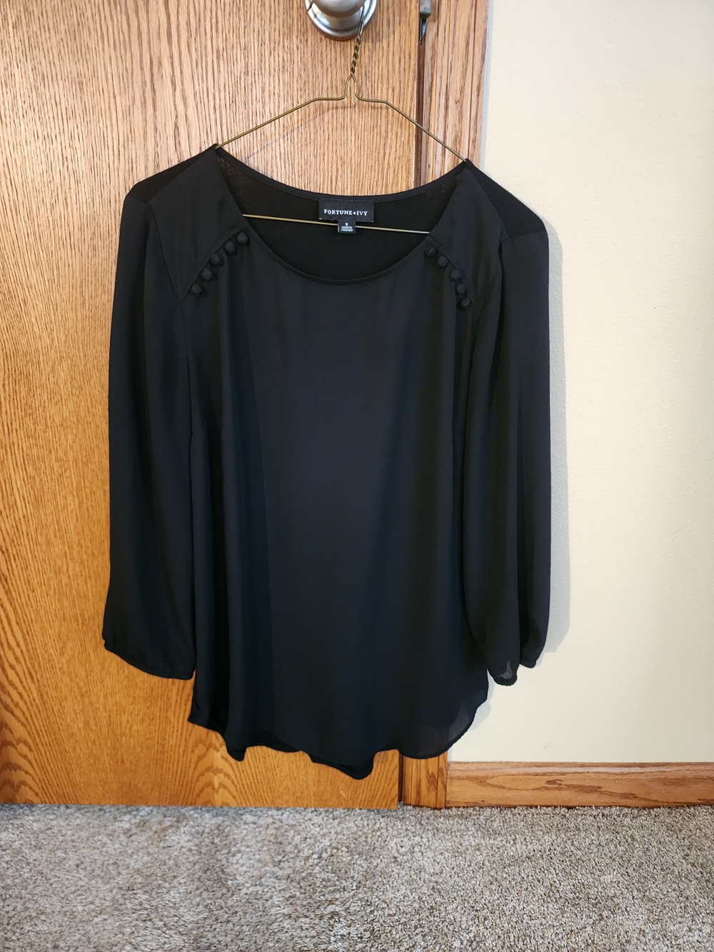 Black Scoop Neck Button-Accent Blouse